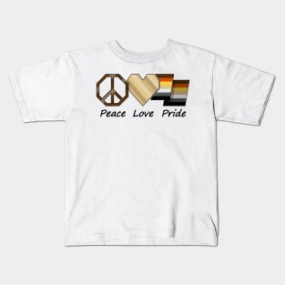 Peace, Love, and Pride design in Gay Bear pride flag colors Kids T-Shirt